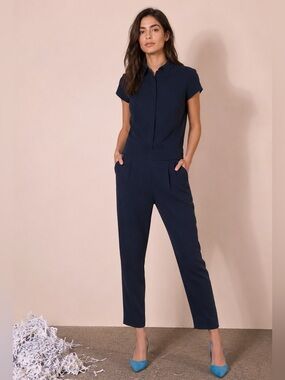 Argent jumpsuit Navy Tailored Cap Sleeve Office Career One Piece Quiet Luxury 4